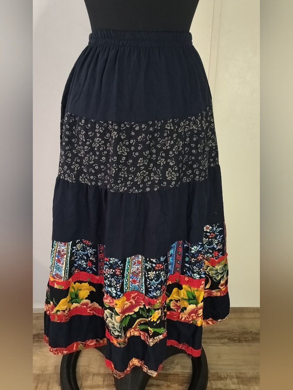 Boho Black Floral Tiered Maxi Skirt with Colorful Border